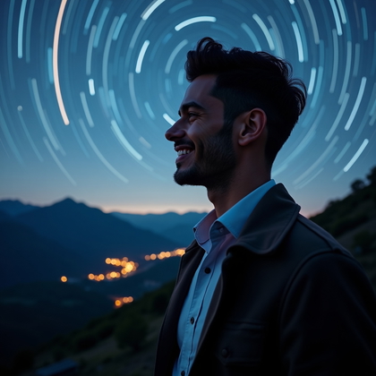 AI-generated photo: Photorealistic nighttime portrait photography, a close, cinematic side-profile portrait taken at a m...