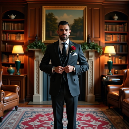 AI-generated photo: Photorealistic wedding editorial photography of a full-length hero portrait in a wood-paneled librar...