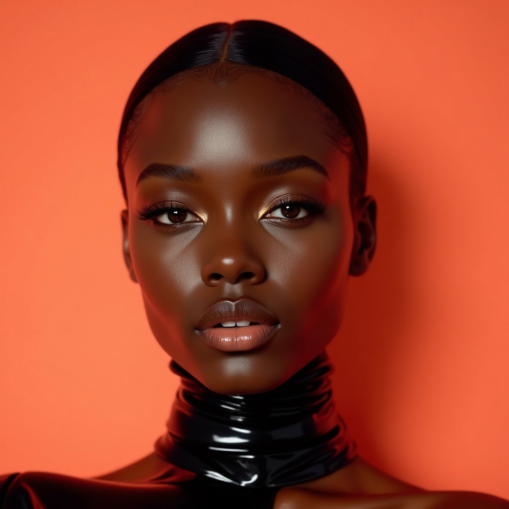 Minimal Color-Backdrop Pop Album Cover Portraits example: Photorealistic pop album cover portrait. Extreme close-up against a seamless coral backdrop, face fully visible with a c