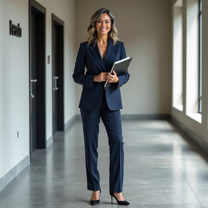 Tailleur-pantalon bien coupé : portrait en pied prêt pour un entretien à côté d’un mur d’accueil minimaliste, une seule personne visible dans un tailleur-pantalon bleu marine foncé à texture discrète…