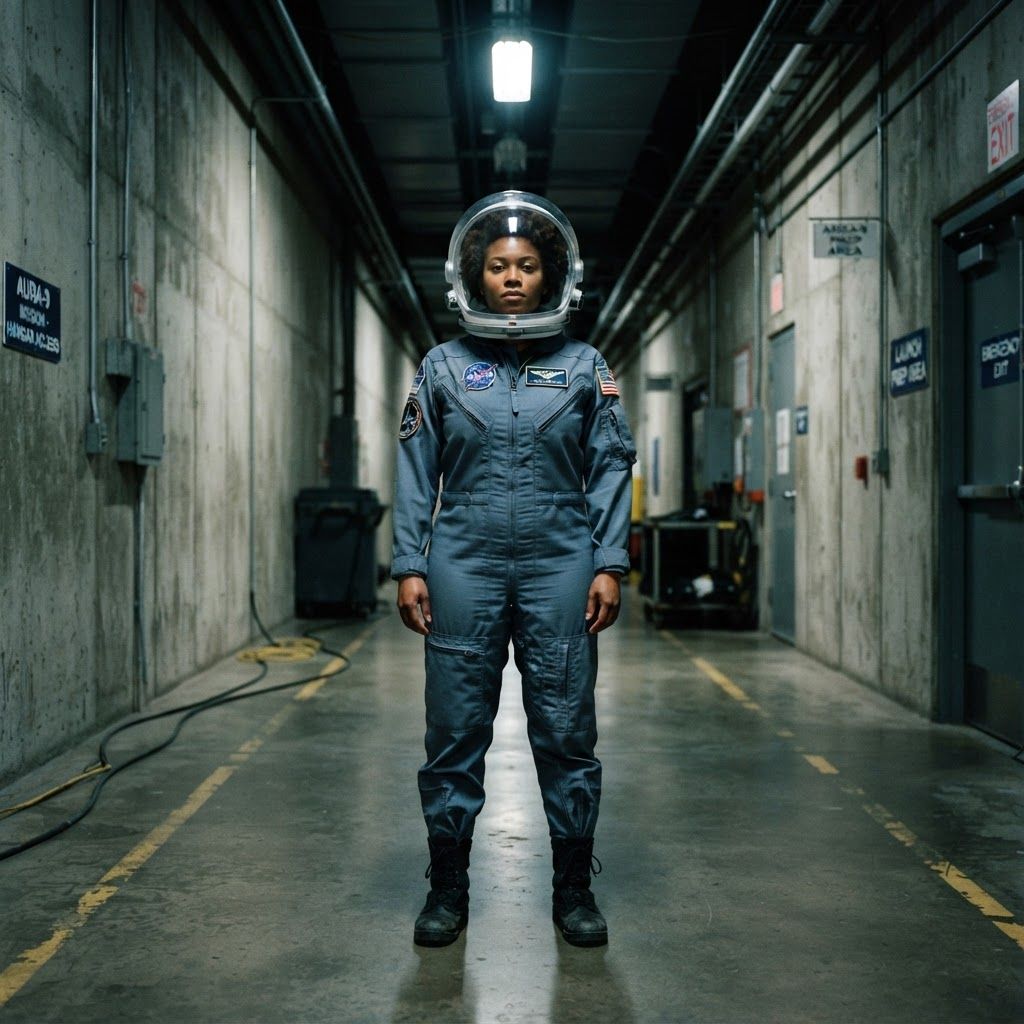 Astronaut in a Concrete Corridor: Cinematic personal photo, centered head-to-toe in a long concrete corridor with strong vanishing lines.