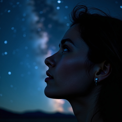 AI-generated photo: Photorealistic night-sky portrait photograph, close-up of a face in profile against a dark horizon w...