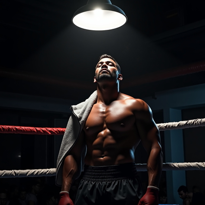 AI-generated photo: Photorealistic fitness photography in a boxing corner under a single pendant lamp, the subject leani...