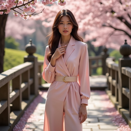 AI-generated photo: Fashion editorial photography, a solo subject captured during peak cherry blossom season in a pictur...