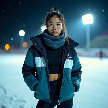 AI-generated photo: Photorealistic cinematic fashion sports photography, nighttime outdoor shot at the edge of a snow-co...