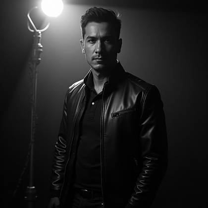 AI-generated photo: Photorealistic studio portrait using a tangled-cable gobo to cast looping, chaotic lines that coil a...