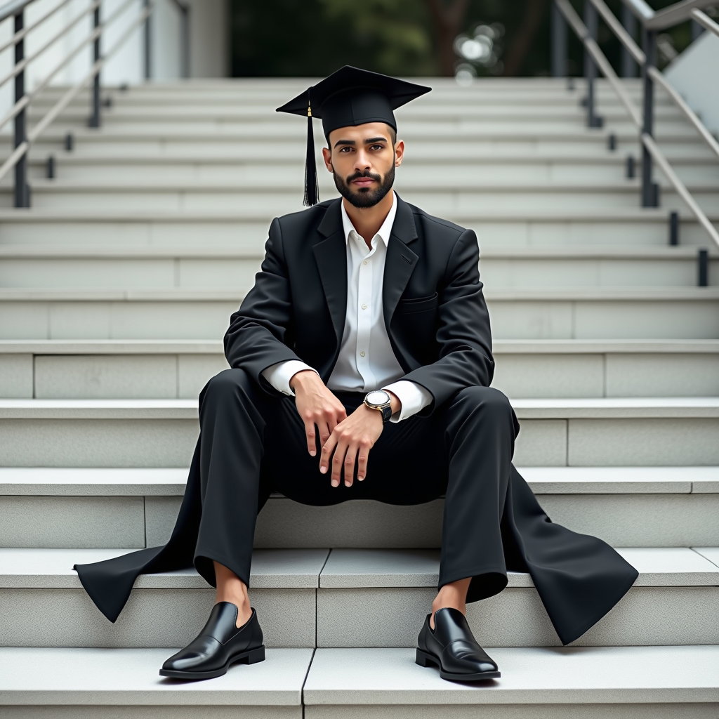AI-generated photo: Photorealistic fashion portrait photography, a modern graduation portrait captured on broad urban-ca...