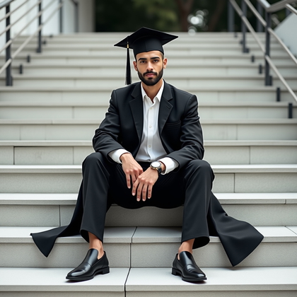 AI-generated photo: Photorealistic fashion portrait photography, a modern graduation portrait captured on broad urban-ca...