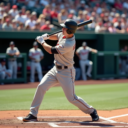 AI-generated photo: Photorealistic sports action photograph of a pro slugger at full follow-through in the batter’s box,...