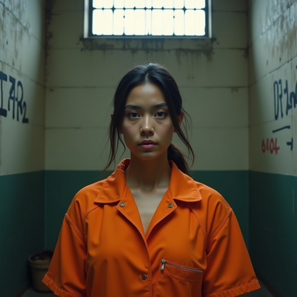 AI-generated photo: Photorealistic high-impact identity-style prison portrait set in a grim, concrete-walled holding cel...