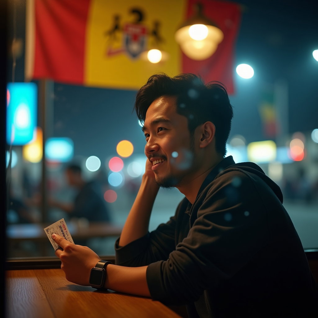 Natural Fan Portraits That Avoid Forced Poses example: Photorealistic creative fan portrait photography. A single fan seen through a café window on the way to a match, face cl