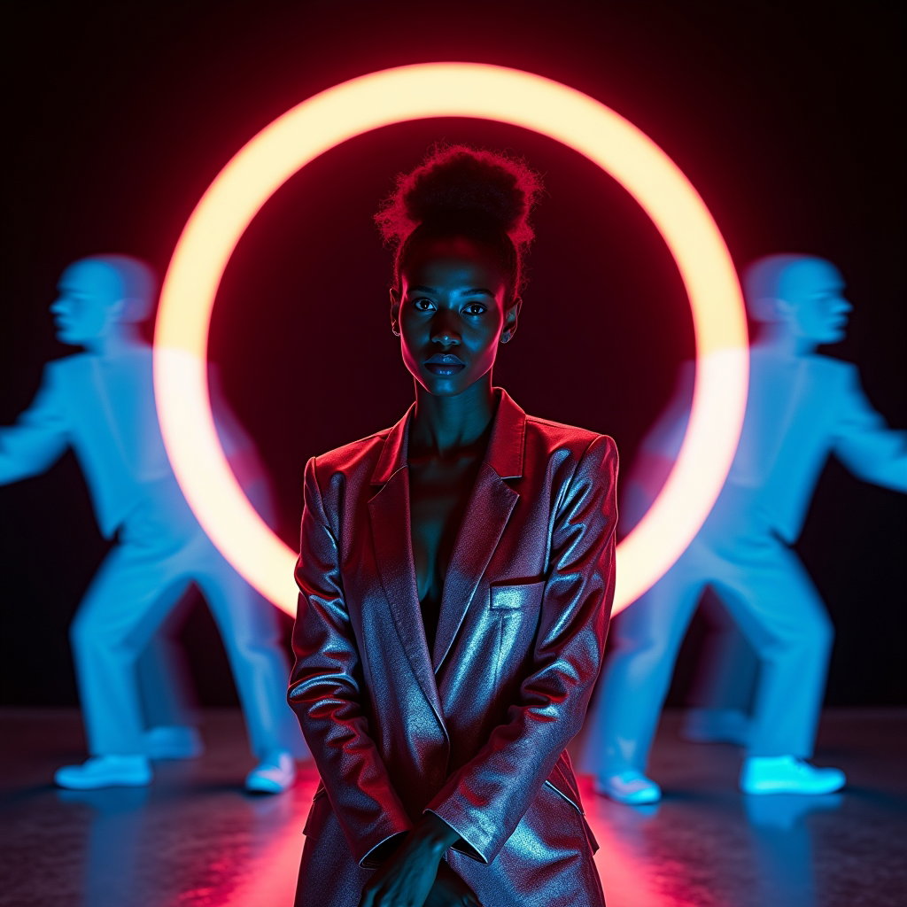 Motion-Based Dance Pop Album Cover Photos example: Photorealistic conceptual dance-pop album cover photo. Unexpected surreal studio scene with the subject posed inside a g