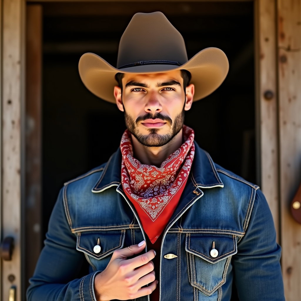 AI-generated photo: Fashion editorial photography, a sharply styled cowboy close-up set in front of a stable entrance, f...
