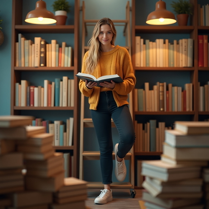 Photorealistic lifestyle portrait in a contemporary bookstore with floor-to-ceiling shelves and a rolling ladder; the subject stands midway up the ladder with one foot on a rung and torso subtly twisted toward the camera, holding an open hardcover at chest level, eyes locked to lens with a faint, inviting smile; warm pendant bulbs and soft skylight create a gentle key with delicate rim highlights along the silhouette, while stacks of books in the foreground blur into creamy bokeh that frames the face in a clean central composition.