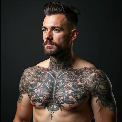 AI-generated photo: Photorealistic photography of a man with a bold, avant-garde tattoo that stretches across his chest....