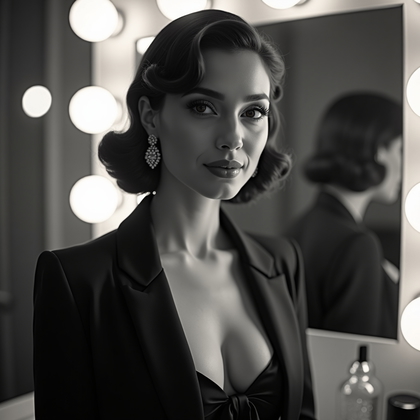 AI-generated photo: Old Hollywood dressing-room glamour headshot photograph framed tightly from chest to crown against a...