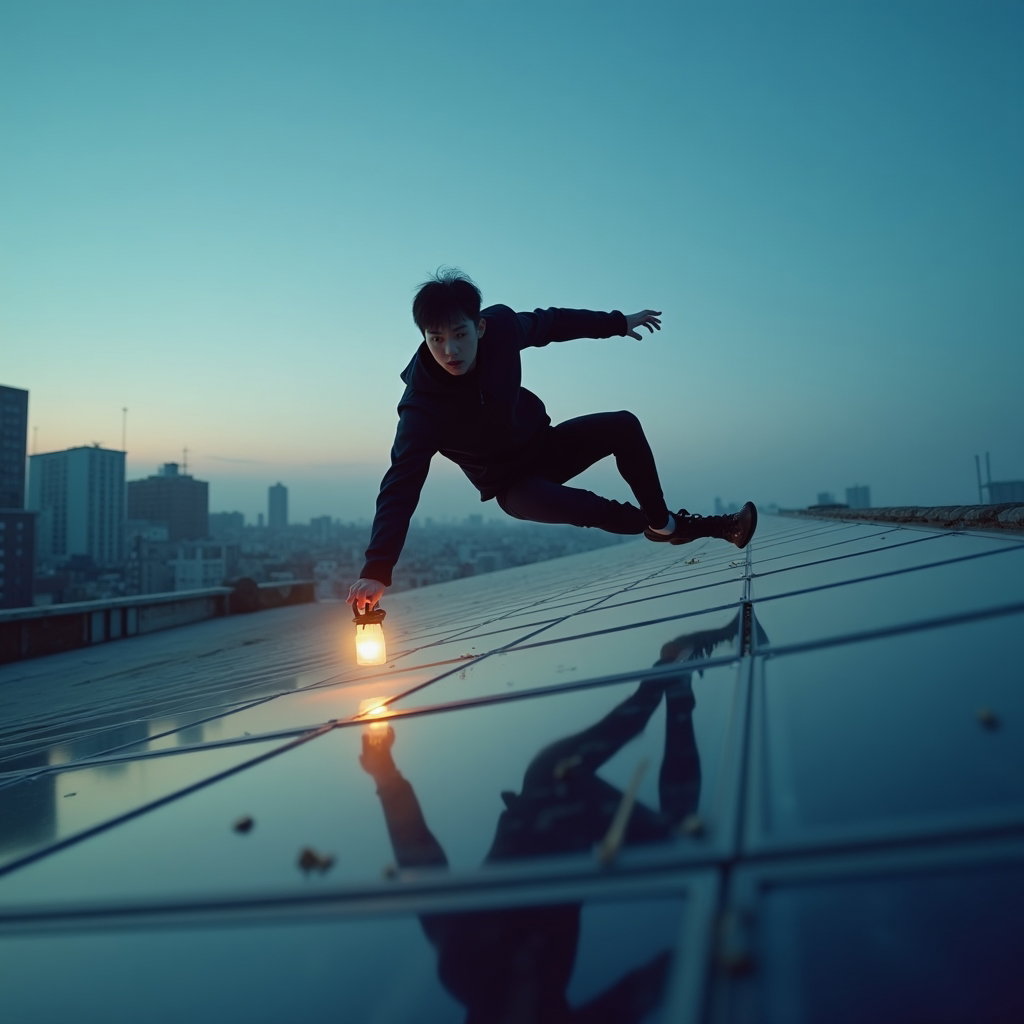 Rooftop Demon Hunt Action Portrait example: Photorealistic cinematic K-pop demon-hunter full-body action photo. Show the hunter vaulting across a row of rooftop sol