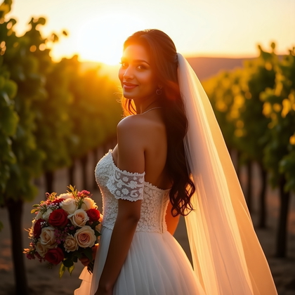 AI-generated photo: Photorealistic wedding photography: vineyard rows at sunset with repeating lines guiding toward the ...