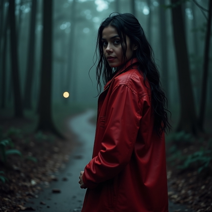 Forest Chase Over-the-Shoulder Portrait example: Cinematic horror editorial hero photo. The subject stands at a fork in a forest trail, body angled away while looking ba