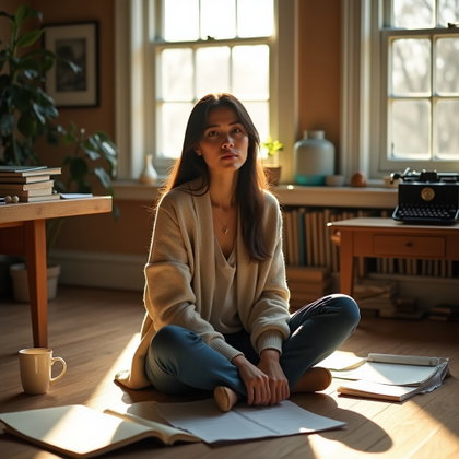 Floor-Sitting Portrait Surrounded by Scattered Pages example: Photorealistic environmental portrait photography. Wide room portrait of the subject seated on the floor of a sunlit cre