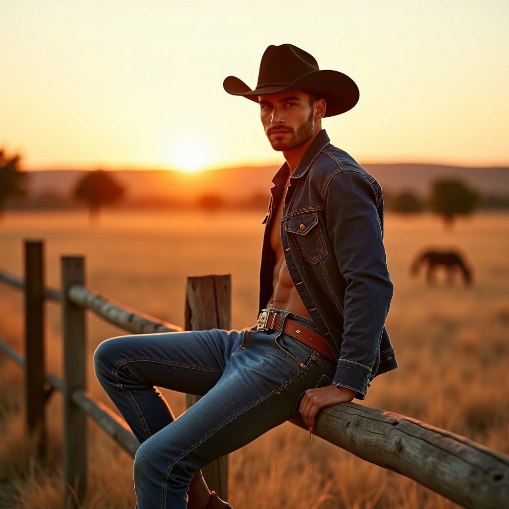 AI-generated photo: Fashion editorial photography, an intimate golden hour western lifestyle portrait set in a wide open...