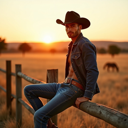 AI-generated photo: Fashion editorial photography, an intimate golden hour western lifestyle portrait set in a wide open...