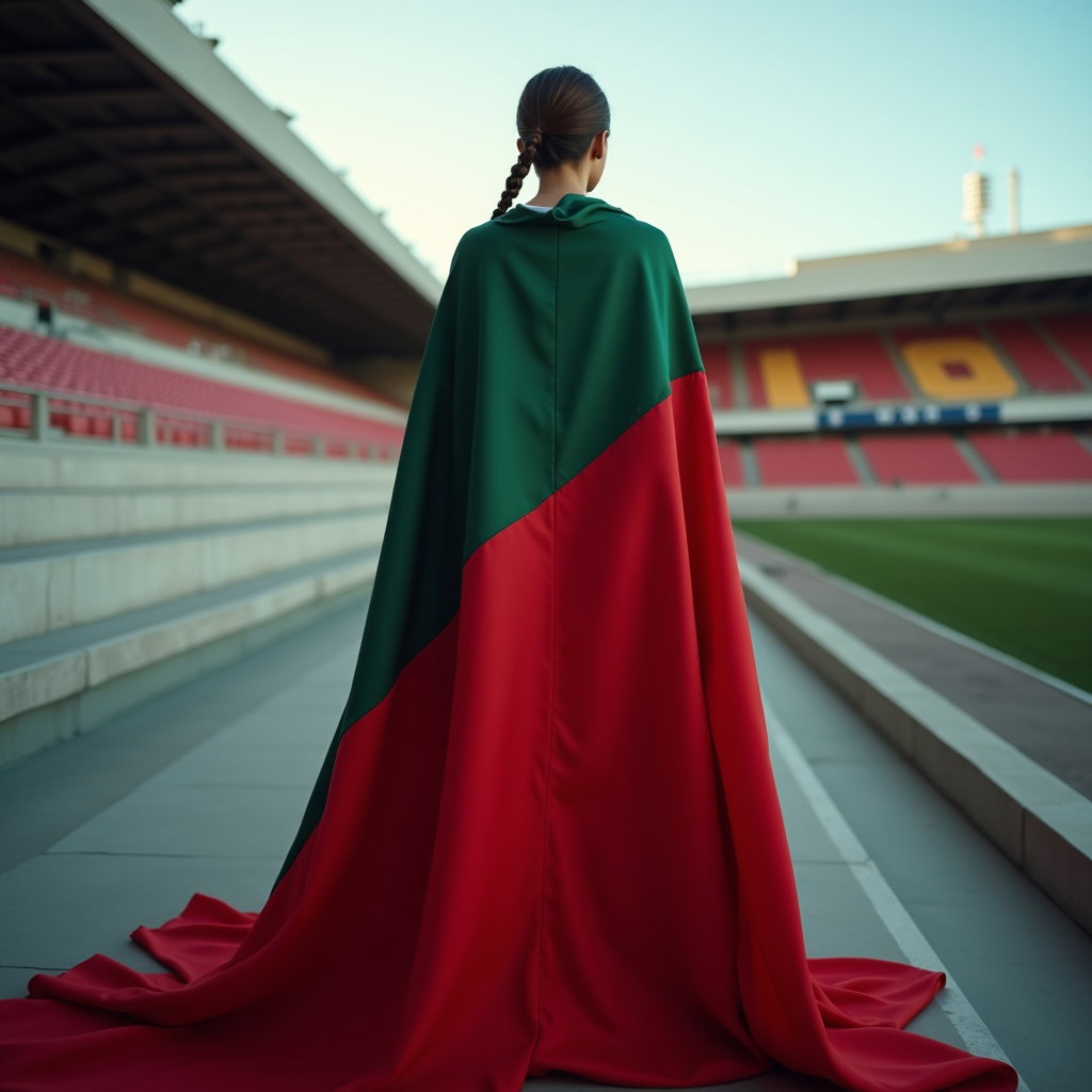 Flag-Draped National Pride Portraits example: Photorealistic editorial hero portrait photography. A fan stands on stadium steps with a large national flag draped acro