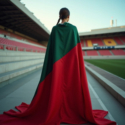 Flag-Draped National Pride Portraits example: Photorealistic editorial hero portrait photography. A fan stands on stadium steps with a large national flag draped acro