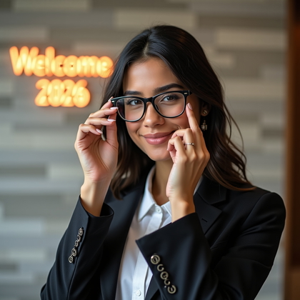 AI-generated photo: Professional headshot: Tech-firm reception wall with neutral stone, a discreet illuminated logo, and...