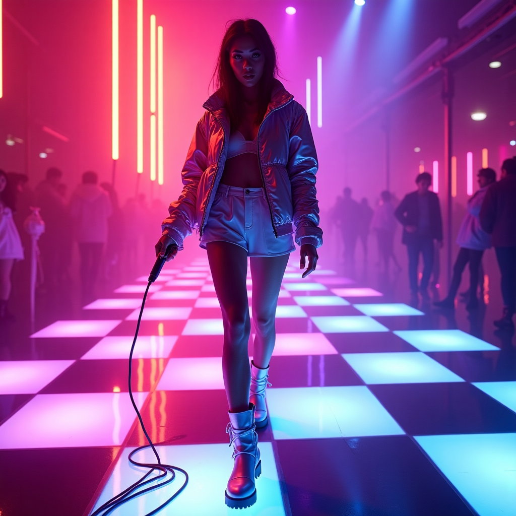 Neon Electropop Album Cover Portraits example: Photorealistic neon electropop album cover portrait. Full-body pose on an illuminated checkerboard dance floor, standing