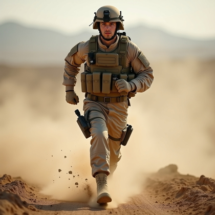 AI-generated photo: Photorealistic action photography. A military member in full modern combat uniform is captured mid-s...