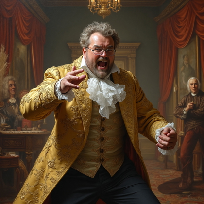 AI-generated photo: Baroque oil painting. This composition showcases a dynamic and theatrical scene set in a grandiose b...