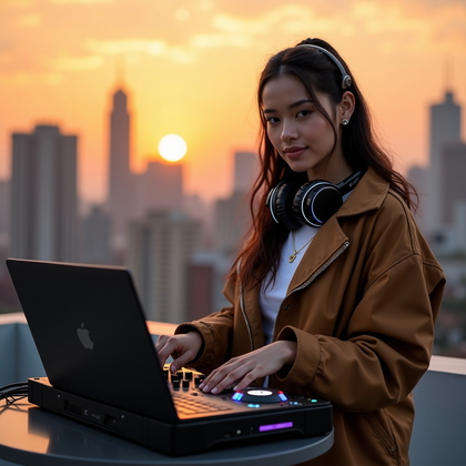 AI-generated photo: Photorealistic lifestyle photography of a rooftop DJ at golden hour, one hand riding a fader while t...