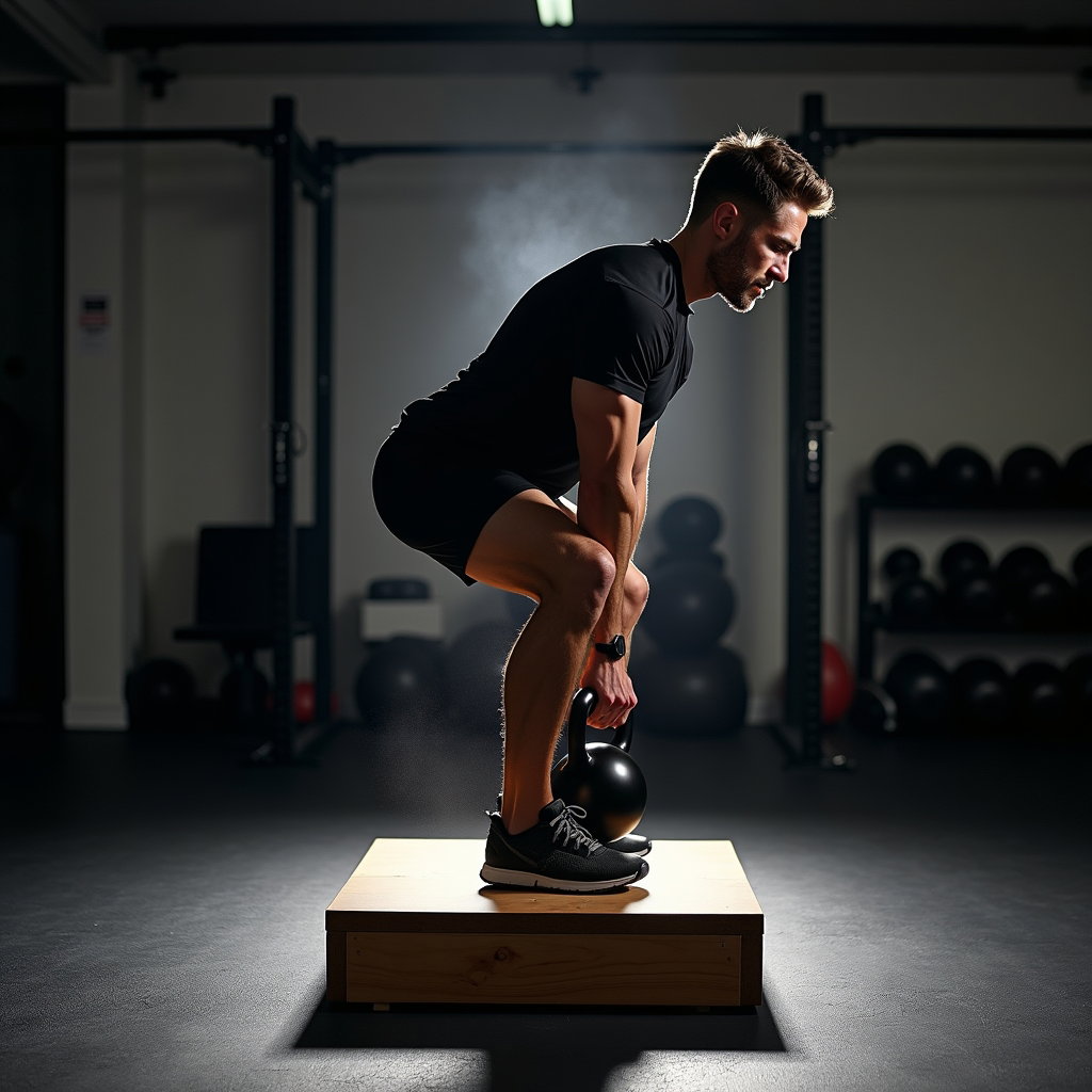 AI-generated photo: Photorealistic fitness photography of a Jefferson curl on a low wooden platform in a modern strength...