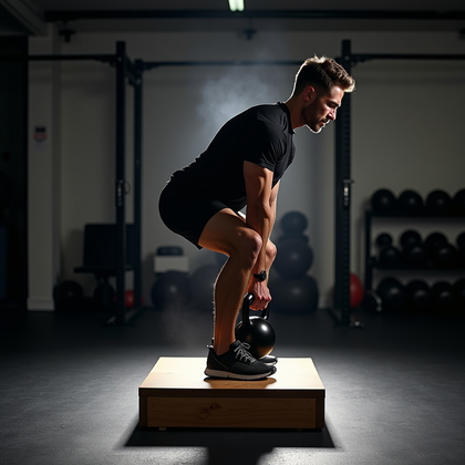 AI-generated photo: Photorealistic fitness photography of a Jefferson curl on a low wooden platform in a modern strength...