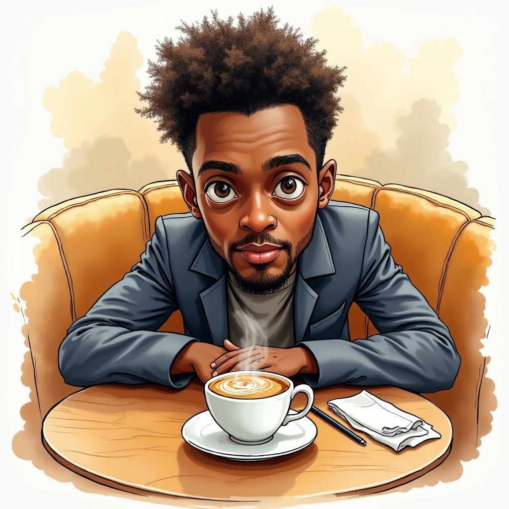 AI-generated photo: Ink-and-watercolor caricature sketch of a cozy café table viewed from above: elliptical tabletop wit...