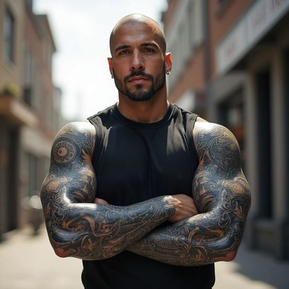 AI-generated photo: Photorealistic photography of a man with a full sleeve tattoo featuring a mesmerizing biomechanical ...