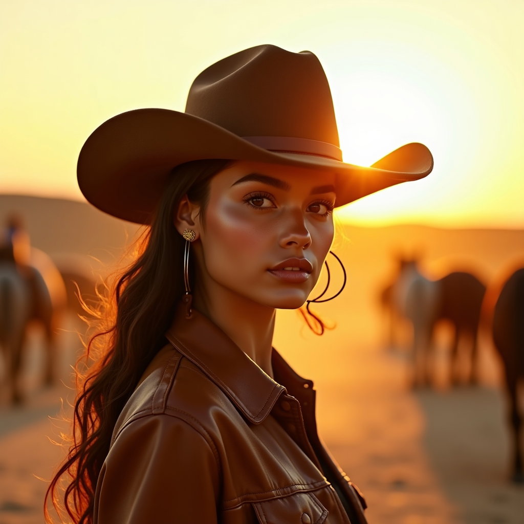 AI-generated photo: Fashion editorial photography, a sun-drenched western portrait at golden hour with a stylish cowboy ...