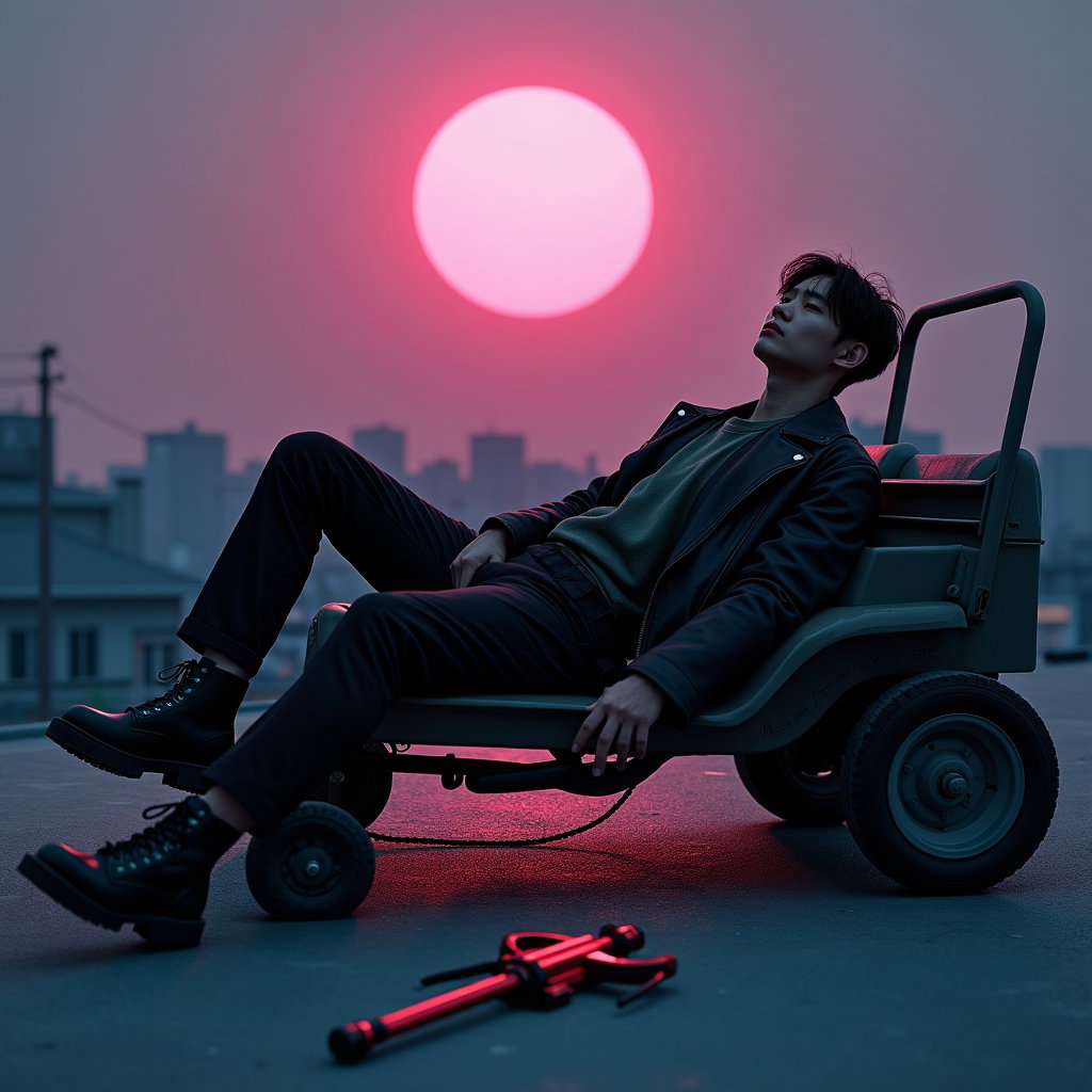Rooftop Demon Hunt Action Portrait example: Photorealistic cinematic K-pop demon-hunter editorial hero photo. Position the hunter reclining sideways across the roof