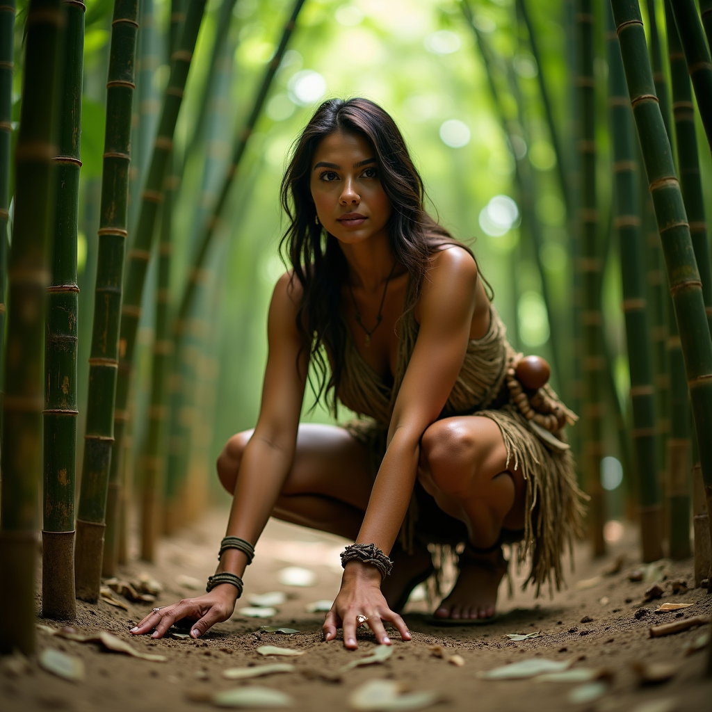 AI-generated photo: Photorealistic photography of a track reader crouch in a dense bamboo grove, the subject grounded in...