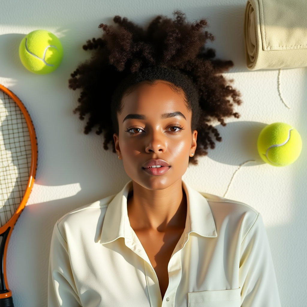 Minimal Clean Girl Tenniscore Portraits example: Photorealistic creative portrait photography using a minimalist tennis still-life setup, with the subject lying on a cle