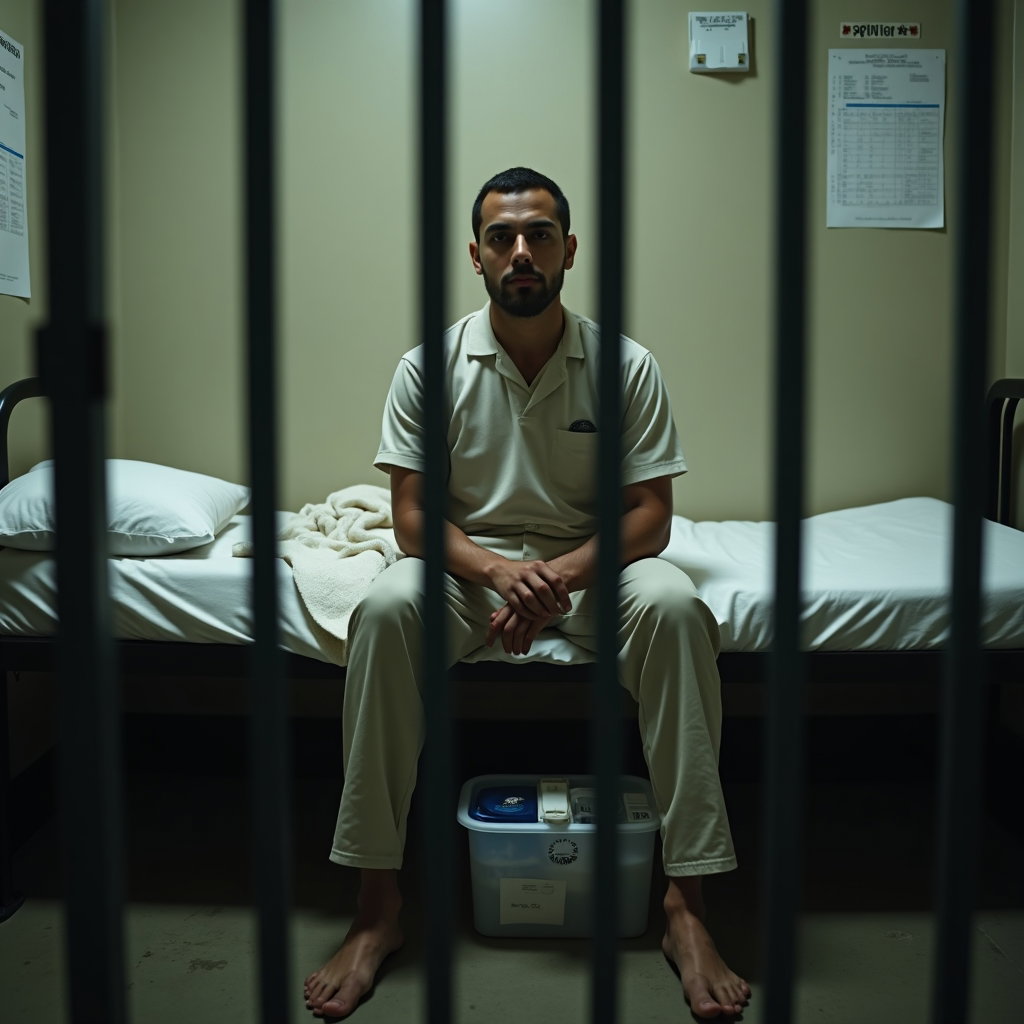 AI-generated photo: Photorealistic prison portrait photography, person sitting squarely in the center of the lower bunk ...