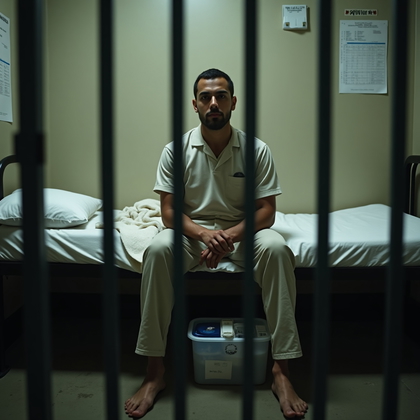 AI-generated photo: Photorealistic prison portrait photography, person sitting squarely in the center of the lower bunk ...
