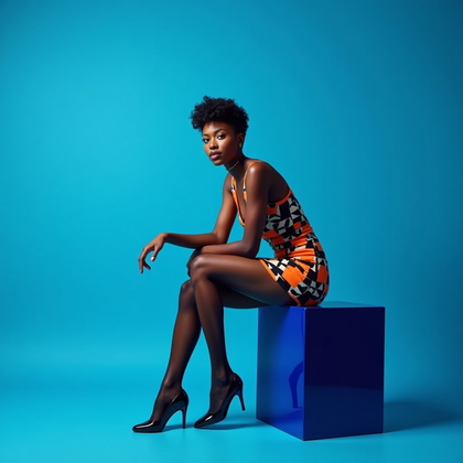 AI-generated photo: Photorealistic studio fashion photograph with a saturated pop-color backdrop (electric blue) and a g...