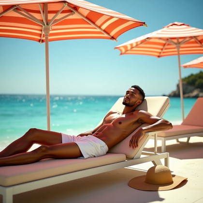 Beach Club Lounge Portraits in Resort Wear example: Photorealistic portrait photography. Editorial hero image at an upscale Riviera beach club, with the subject reclining d