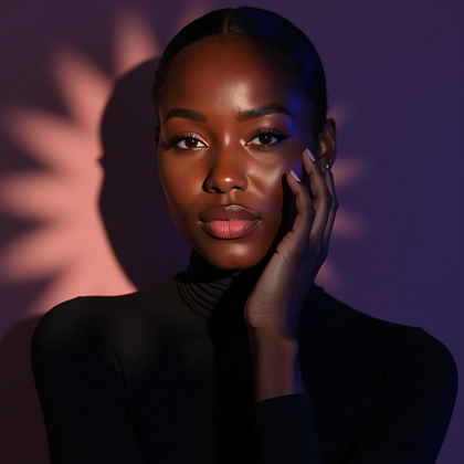 AI-generated photo: Photorealistic beauty portrait photo with an Art Deco fan gobo spreading elegant radiating arcs acro...