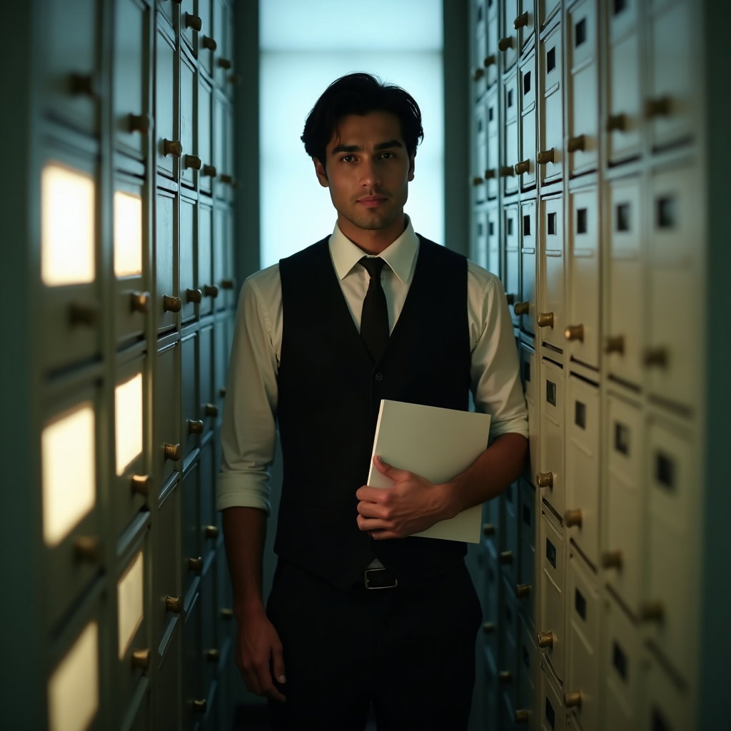 Archive Drawer: Tight vertical portrait between two open filing cabinets, one visible person caught mid-search with a paper folder pressed against the…