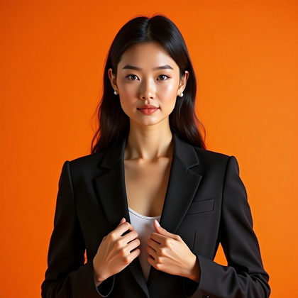 AI-generated photo: Photorealistic studio portrait photo against a saturated tangerine seamless, ultra-clean clamshell l...