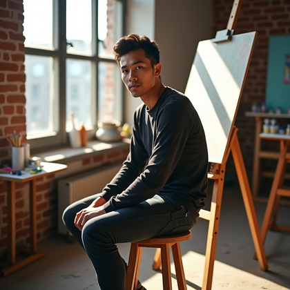 Photorealistic environmental portrait photography: in a sun-washed artist’s loft with towering north-facing windows, drop cloths, an easel, and scattered paint tubes, the subject perches on a wooden stool, torso subtly twisted toward the camera and one forearm resting on a raised knee to create a relaxed but intentional line. Late-afternoon light feathers across brick and canvas, with a soft bounce off a white wall illuminating the face and carving delicate separation from the background. A triangular composition uses the stool, easel, and subject’s posture as anchors, leaving airy negative space around the head for a clean, editorial read. Expression is calm and inviting with measured eye contact, and shallow falloff keeps the face tack-sharp as edges melt into a painterly blur.