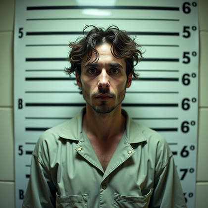 AI-generated photo: Photorealistic documentary-style mugshot photo, close-up of a freshly processed inmate standing agai...